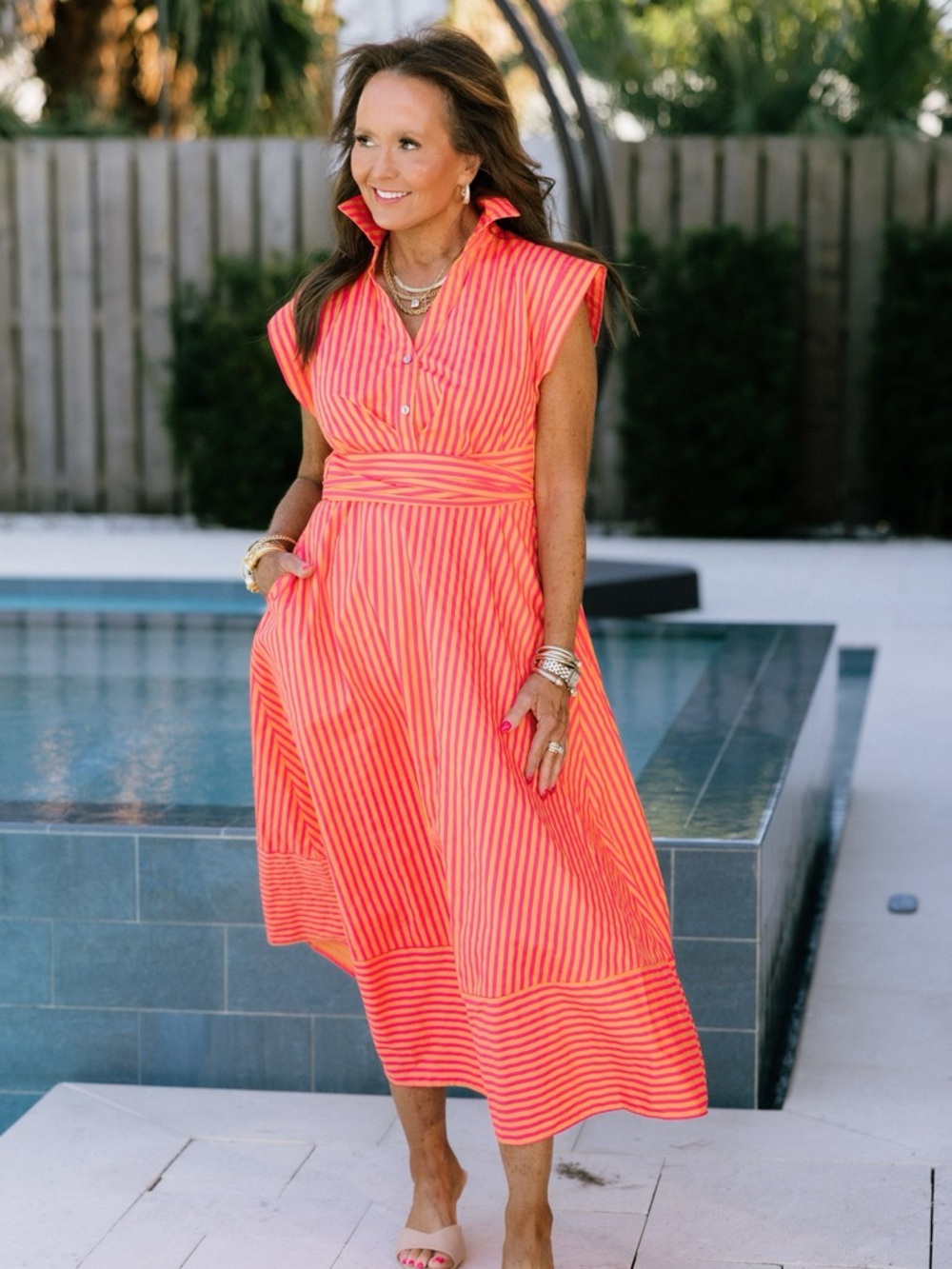 Entro Bright Button Up Midi Faux Wrap Dress, Medium